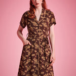 Vintage-inspired brown floral midi shirt dress with full button front and sash belt
