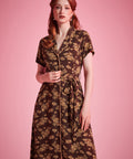 Brown floral dress with removable sash belt and functional pockets for everyday wear