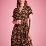 Brown floral dress with removable sash belt and functional pockets for everyday wear