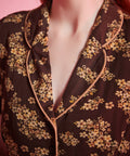 Close-up of rounded collar with contrast piping on brown floral viscose dress