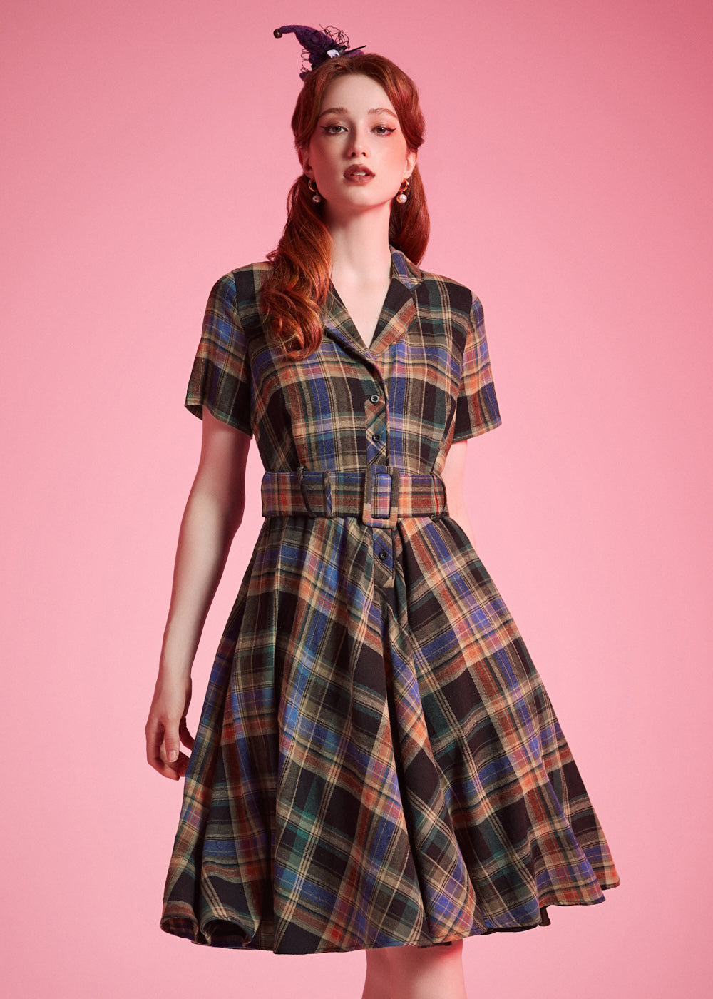 Heritage tartan ModCloth dress with tailored bodice, removable belt, and side pockets