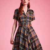 Heritage tartan ModCloth dress with tailored bodice, removable belt, and side pockets