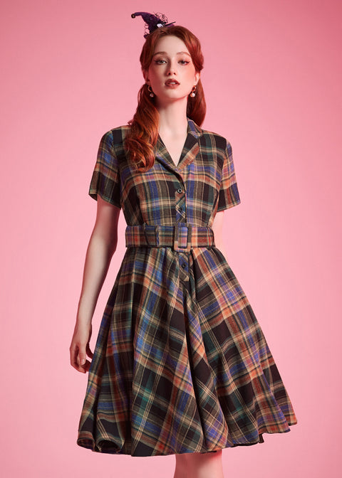 Heritage tartan ModCloth dress with tailored bodice, removable belt, and side pockets