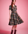 Plaid cotton blend fit-and-flare dress with button-front bodice and side pockets