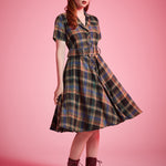 Plaid cotton blend fit-and-flare dress with button-front bodice and side pockets