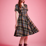 Plaid cotton blend fit-and-flare dress with button-front bodice and side pockets