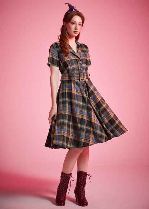 Plaid cotton blend fit-and-flare dress with button-front bodice and side pockets