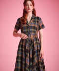 Vintage-inspired tartan dress with full gathered skirt and short sleeves