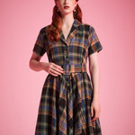Vintage-inspired tartan dress with full gathered skirt and short sleeves