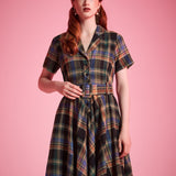 Vintage-inspired tartan dress with full gathered skirt and short sleeves