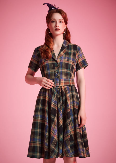 Vintage-inspired tartan dress with full gathered skirt and short sleeves