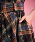 Removable buckle belt and side pocket detail on plaid fit-and-flare dress
