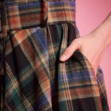 Removable buckle belt and side pocket detail on plaid fit-and-flare dress