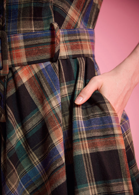 Removable buckle belt and side pocket detail on plaid fit-and-flare dress