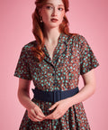 Woman wearing ModCloth Rustic Elegance Casual Dress in Willow Bloom with removable buckle belt