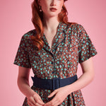 Woman wearing ModCloth Rustic Elegance Casual Dress in Willow Bloom with removable buckle belt