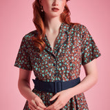 Woman wearing ModCloth Rustic Elegance Casual Dress in Willow Bloom with removable buckle belt