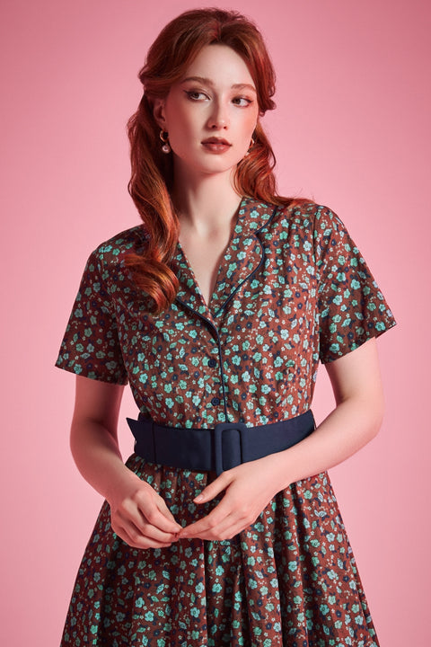 Woman wearing ModCloth Rustic Elegance Casual Dress in Willow Bloom with removable buckle belt