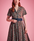 Fit-and-flare floral dress with button-front bodice and notched collar