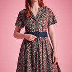 Fit-and-flare floral dress with button-front bodice and notched collar