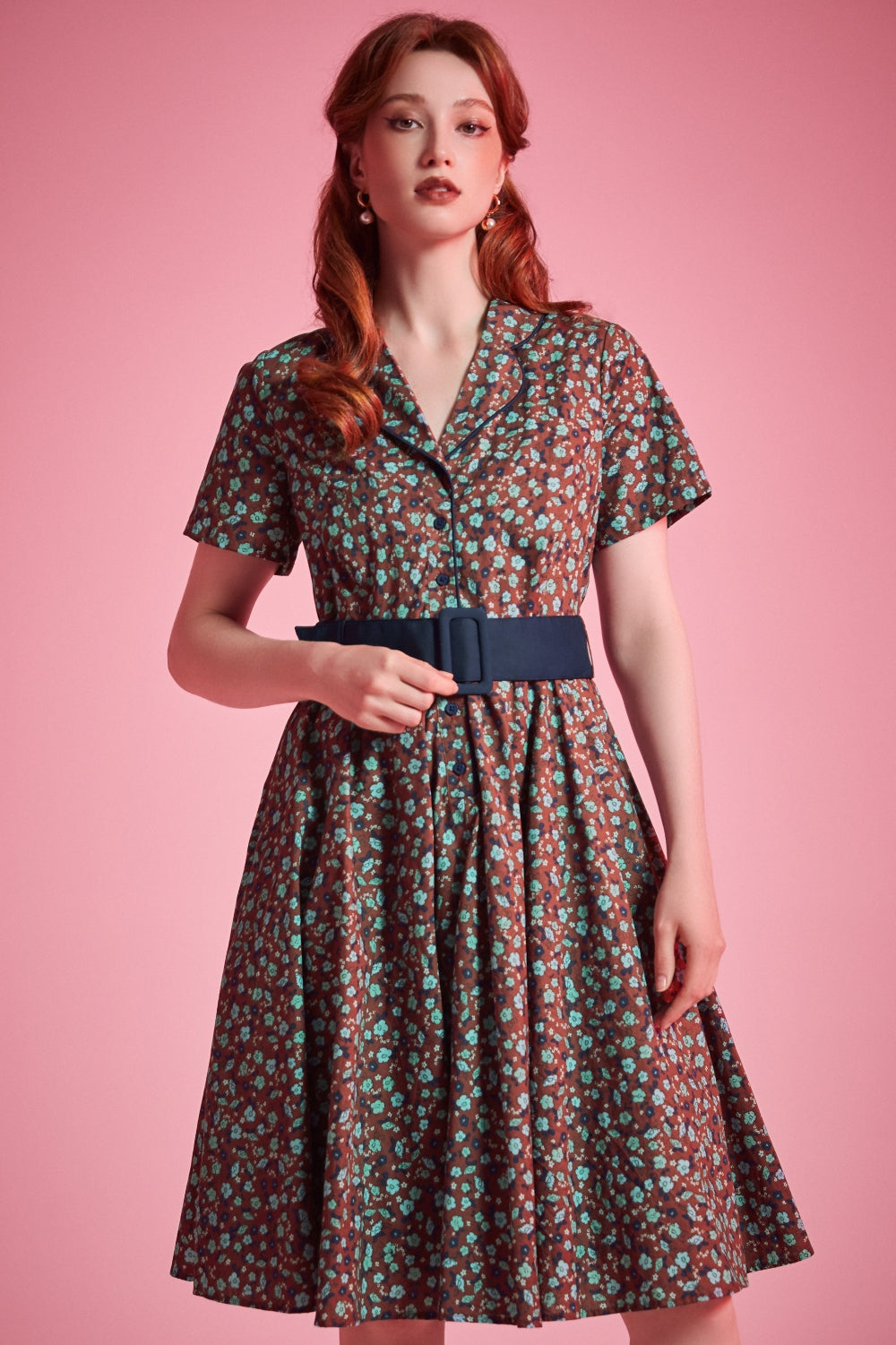 Fit-and-flare floral dress with button-front bodice and notched collar