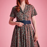 Fit-and-flare floral dress with button-front bodice and notched collar