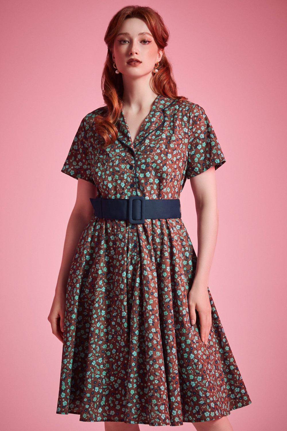 Floral cotton ModCloth dress with contrast piping, removable belt, and side pockets