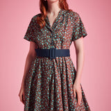 Floral cotton ModCloth dress with contrast piping, removable belt, and side pockets