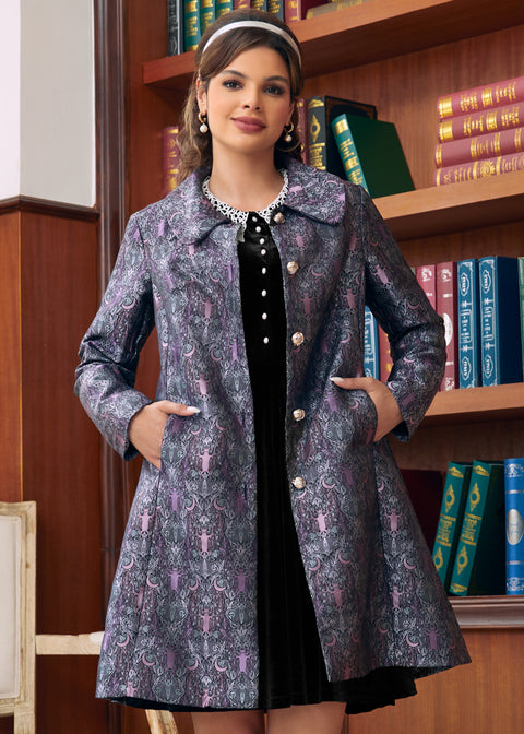 Woman wearing purple A-line brocade coat with oversized rounded collar and side pockets