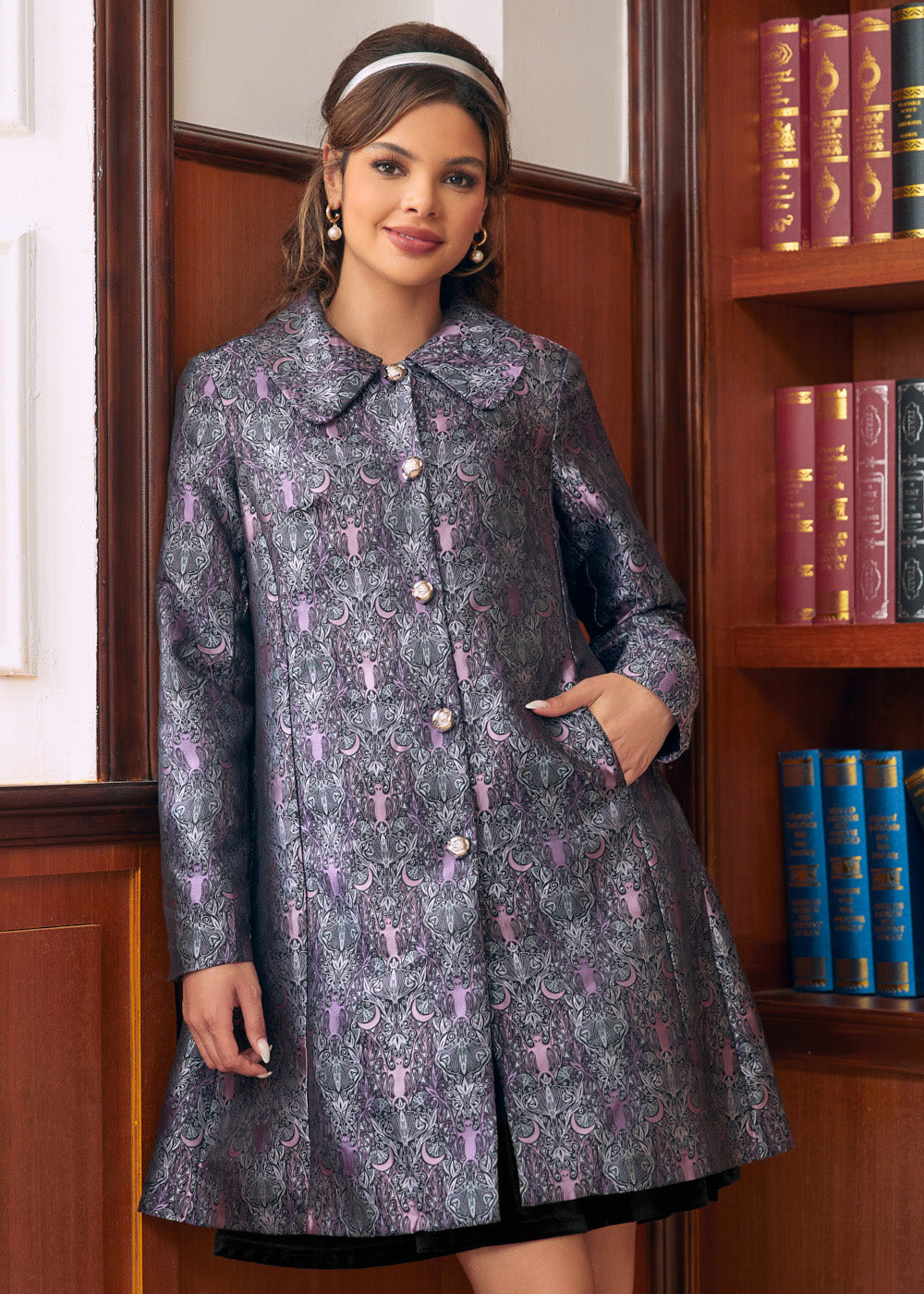 Women's Gothic Brocade Midi Coat with Bats & Moons | ModCloth