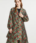 Full-length view of the ModCloth Midnight Soirée Dress Coat in Memento Mori showcasing the elegant A-line silhouette styled with the coordinating dress.