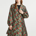 Full-length view of the ModCloth Midnight Soirée Dress Coat in Memento Mori showcasing the elegant A-line silhouette styled with the coordinating dress.