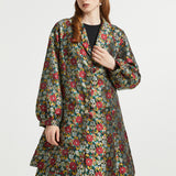Full-length view of the ModCloth Midnight Soirée Dress Coat in Memento Mori showcasing the elegant A-line silhouette styled with the coordinating dress.