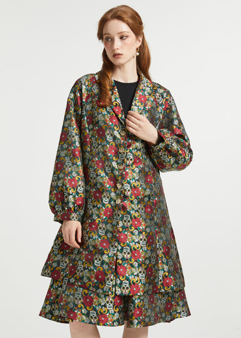 Full-length view of the ModCloth Midnight Soirée Dress Coat in Memento Mori showcasing the elegant A-line silhouette styled with the coordinating dress.