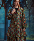 Woman wearing ModCloth Midnight Soirée Dress Coat in Memento Mori featuring a vintage-inspired A-line silhouette, skull buttons, and floral sugar skull jacquard.