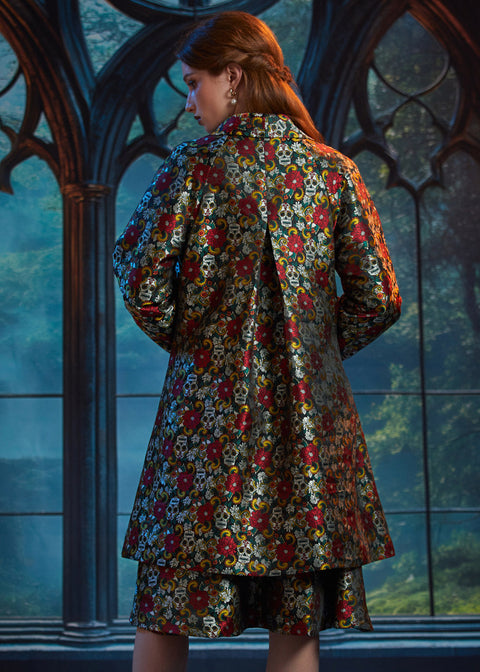 Back view of the Midnight Soirée Dress Coat in Memento Mori highlighting the elegant A-line silhouette and allover floral sugar skull jacquard.
