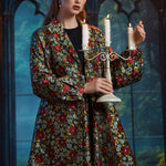 Woman wearing the ModCloth Midnight Soirée Dress Coat in Memento Mori styled over the coordinating Midnight Soirée Fit & Flare Dress.