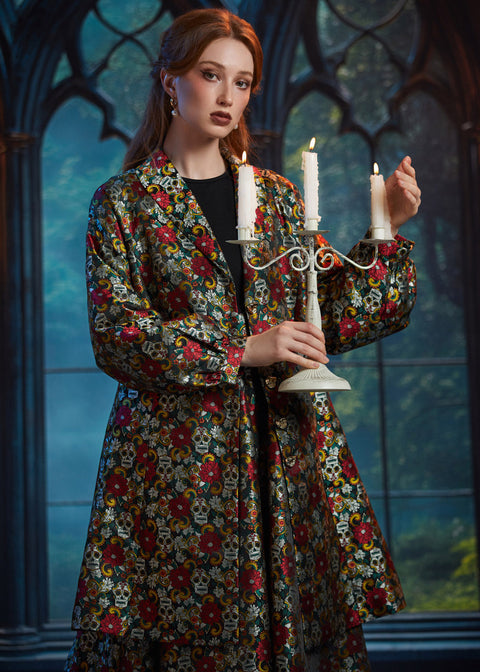Woman wearing the ModCloth Midnight Soirée Dress Coat in Memento Mori styled over the coordinating Midnight Soirée Fit & Flare Dress.