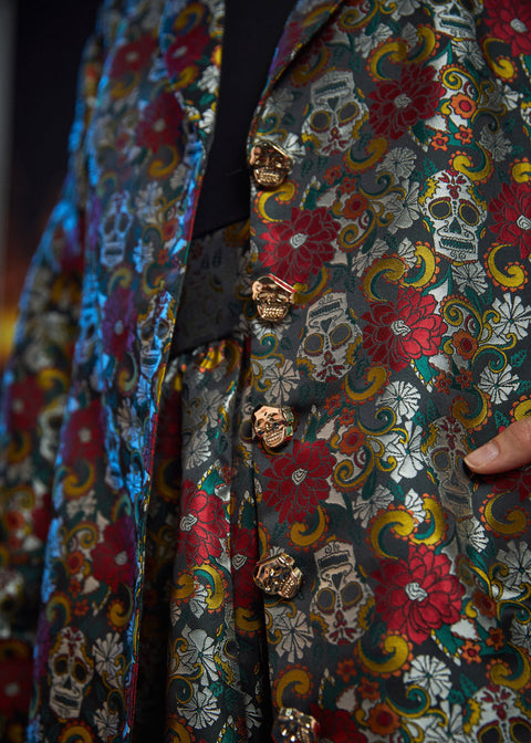 Close-up of the signature skull-shaped buttons on the Midnight Soirée Dress Coat.