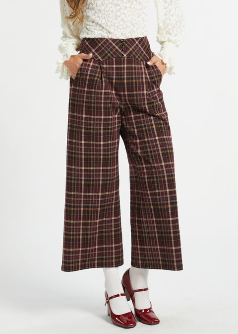 The Corner Library Culottes in Chestnut Plaid styled with red Mary Jane heels