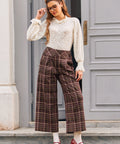 Full length view of woman wearing high waisted Chestnut Plaid culotte pants