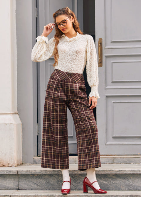 Full length view of woman wearing high waisted Chestnut Plaid culotte pants