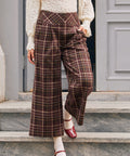 Women's brown plaid cropped wide leg pants with front pleats and side pockets