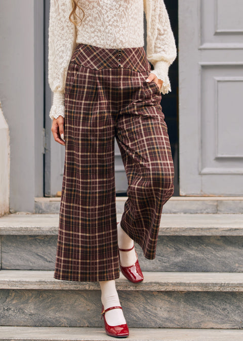 Women's brown plaid cropped wide leg pants with front pleats and side pockets