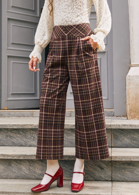 Women's vintage inspired plaid culotte pants with high waist and cropped wide leg