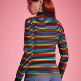 Back view of women's rainbow striped long sleeve polo top with black contrast collar
