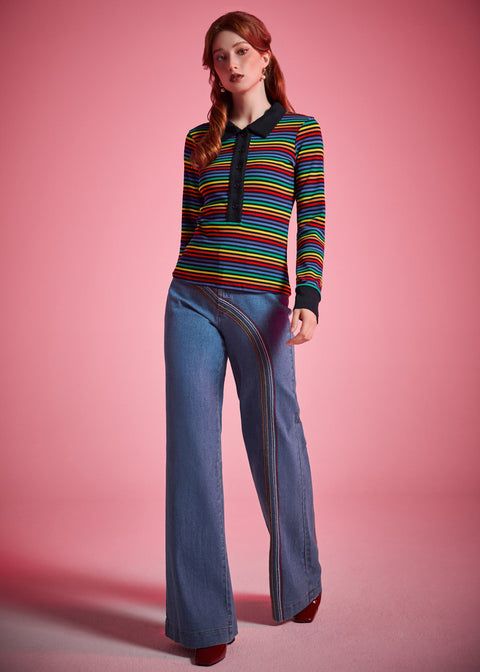 ModCloth Placket Full of Sunshine Polo Top in Rainbow Groove styled with high-waisted jeans
