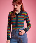 Retro rainbow stripe ribbed knit polo top with functional partial button front and fitted silhouette