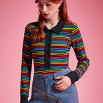 Retro rainbow stripe ribbed knit polo top with functional partial button front and fitted silhouette
