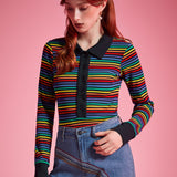 Retro rainbow stripe ribbed knit polo top with functional partial button front and fitted silhouette